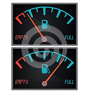 Gas gauge. Fuel indicator. Fuel gauge. Indicator fuel icon. Gas meter. Fuel sensor. Car dashboard.