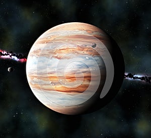 Gas giant planet and two small moons, 3d render