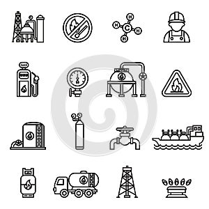 Gas industry extraction production and transportation gas icons set with tanker truck petroleum can and pump. thin line design.