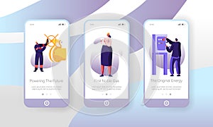 Gas Industry Mobile App Page Onboard Screen Set, Engineer Control Pipe and Manometer, Woman Maintenance Factory Technician