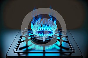 gas kitchen stove with large burner with bright blue flame