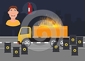 Gas leak and fire inflaming scared vector infographic poster. Tanks of oil and gas and truck with fuel in flame with photo