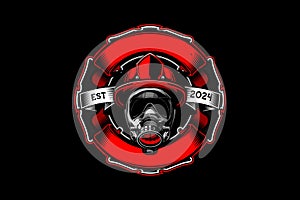 Gas Mask and helmet Fire Fighter vector badge logo template