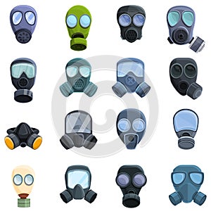 Gas mask icons set, cartoon style