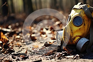 a gas mask left on a chemically contaminated area