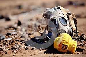 a gas mask left on a chemically contaminated area