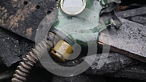 Gas mask is lying on the barricades in Kiev, Ukraine