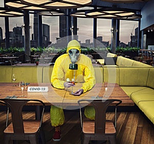 the gas mask man in the cafe interior