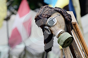 Gas mask - military item in rioters camp on Maidan,Kiev,Ukraine