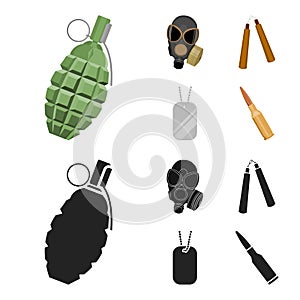 Gas mask, nunchak, ammunition, soldier token. Weapons set collection icons in cartoon,black style vector symbol stock