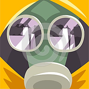 Gas Mask, People Suffering from Fine Dust, Industrial Smog, Environmental Air Pollution, Vector Illustration