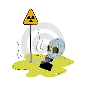 Gas Mask and Warning Triangle Sign of Radiation Hazard, Global Ecological Problem, Environmental Pollution By Chemicals