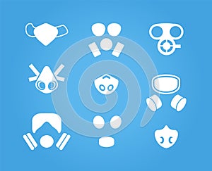 Gas masks and respirators vector icons set, various face masks wearer from inhaling airborne pollutants, viruses