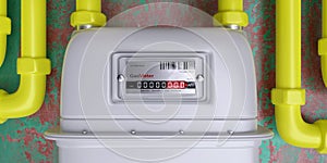 Gas meter close up front view. Natural gas home utility consumption measure, 3d render