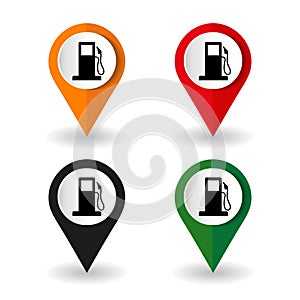 Gas petrol fuel station pin pointer marker icon vector, gasoline refill pump map location position sign, locator symbol flat