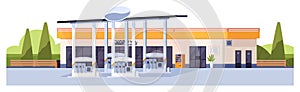 Gas and petrol station building. Oil, gasoline shop exterior. Petroleum refuel store facade, panorama. Roadside service photo