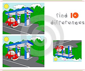 Gas or petrol station on the road with car. Educational game