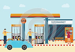 Gas petroleum petrol refill station cars and customers.