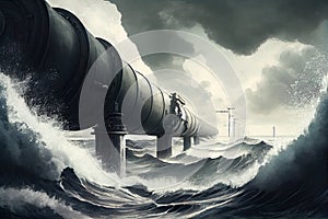 gas pipeline above a stormy sea, with waves crashing against the hulls of ships