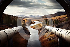 gas pipeline crossing over river, with view of scenic landscape