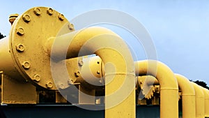 Gas pipeline oil industry. Yellow gas pipe power technology. Fuel energy equipment. Gas industry, oil transport system.