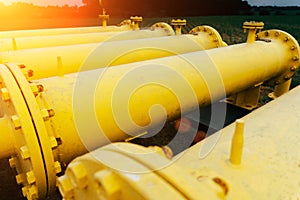 Gas pipeline oil industry. Yellow gas pipe power technology. Fuel energy equipment. Gas industry, oil transport system.