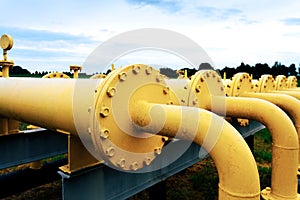 Gas pipes oil energy. Yellow gas pipeline energy equipment. Fuel power technology. Safety valve in gas pipe industry.