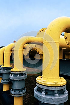 Gas pipes oil energy. Yellow gas pipeline energy equipment. Fuel power technology. Safety valve in gas pipe industry.