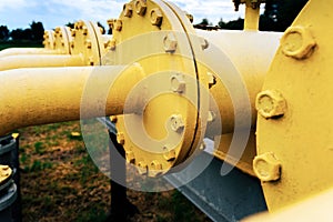 Gas pipes oil energy. Yellow gas pipeline energy equipment. Fuel power technology. Safety valve in gas pipe industry.