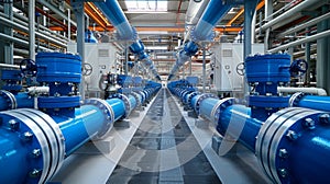 gas production plant with blue pipes and white equipment,