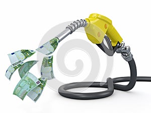 Gas pump nozzle and euro on white background