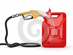 Gas pump nozzle and jerrycan on white background