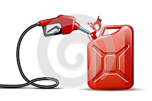 Gas pump nozzle and Red Jerrycan Canister Gallon isolated on white background