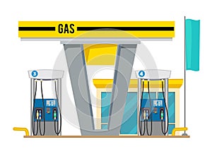 Gas pump station. Exterior of shop gas petroleum oils for cars vector cartoon background