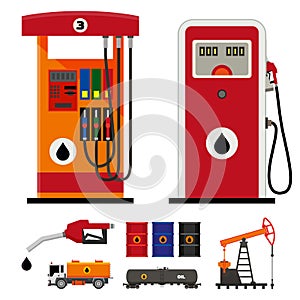 Gas pumps and flat oil industry icons