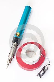 Gas soldering iron with tin and insulating tape