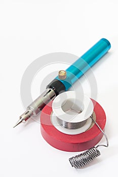 Gas soldering iron with tin and insulating tape