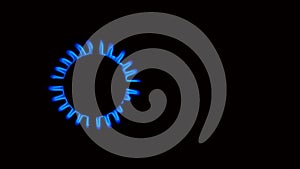A gas source, a flame is burning on a gas stove, a blue flame on a black background with copy space. Blue fire.