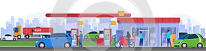 Gas station in city, people refueling cars, vector illustration
