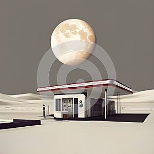 Gas station construction over moon night retro style