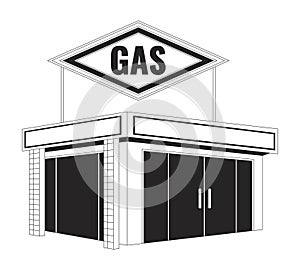 Gas station convenience store black and white 2D line cartoon object