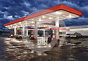 Gas station on rainy night