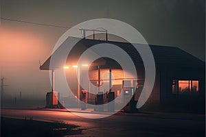 Gas station in a foggy morning. 3d render illustration.