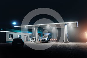 Gas station at foggy night