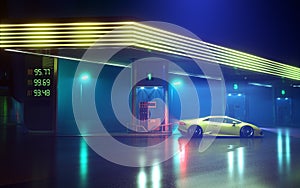 Gas Station in a Foggy Night with a Modern Car in Neon Lighting.