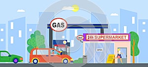 Gas station, fuel petrol for car, vector illustration. Flat service wtih gasoline, oil energy pump for transportation
