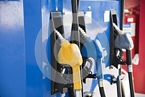 Gas station. Fuel pump.Colorful petrol pump filling nozzles