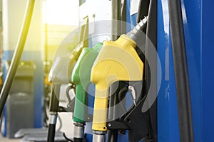 Gas station. Fuel pump.Colorful petrol pump filling nozzles