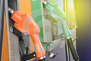 Gas station. Fuel pump.Colorful petrol pump filling nozzles