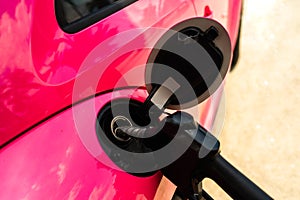 Gas station. Fuel pump. Red pink color fuel gasoline background. Colorful petrol pump filling nozzles in gas petrol